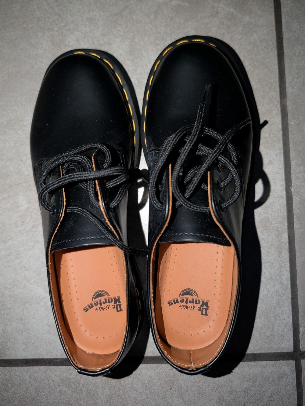 Dr. Martens Black Leather Lace-Up Shoes with Yellow Stitching